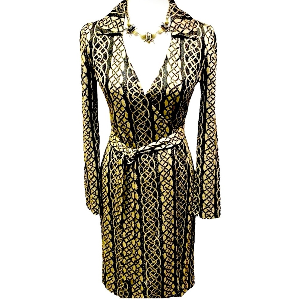 Diane Von Furstenberg Black & Gold Wrap Dress - image 2